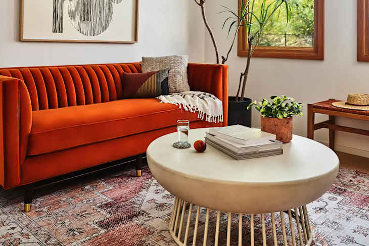 Living room featuring an orange velvet sofa, round coffee table, books, a glass of water, and potted plants.