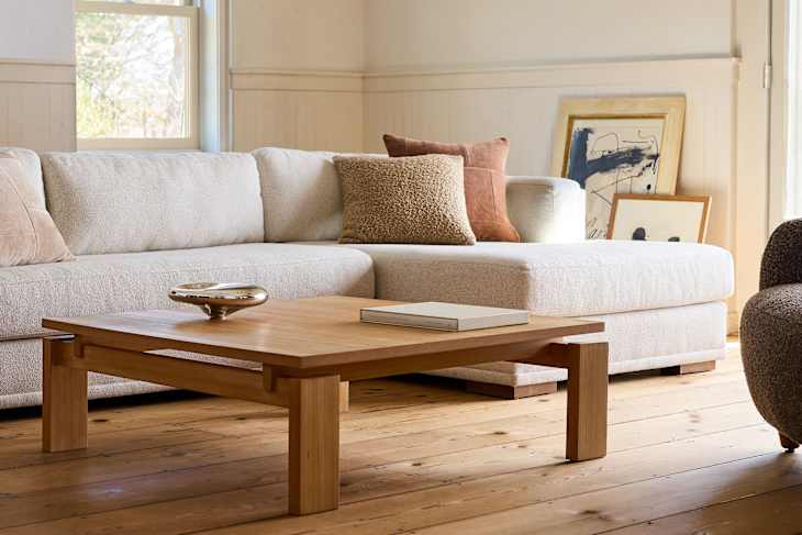 Living room with West Elm coastal design sofa and other furniture