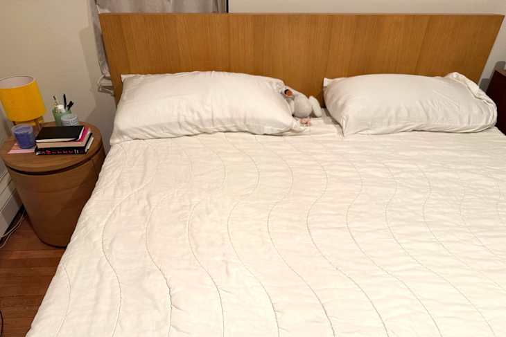 Neatly made bed with Buffy comforter.