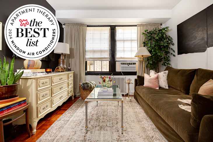 living room with window air conditioner unit. Seal in upper left reads "Apartment Therapy the Best List 2024 Window Air Conditioners"