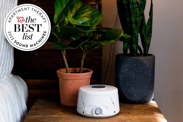 sound machine sitting on nightstand and best list seal in upper left