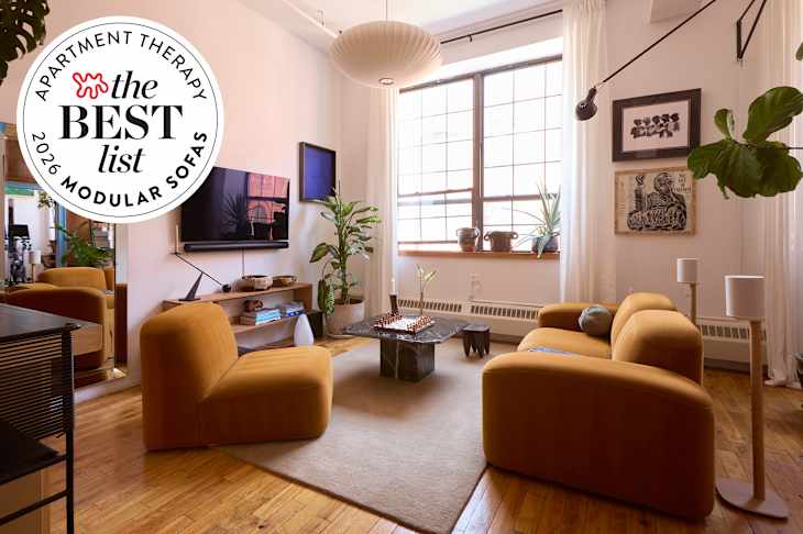 Bronze colored sofas in living room with Best List seal to the left.