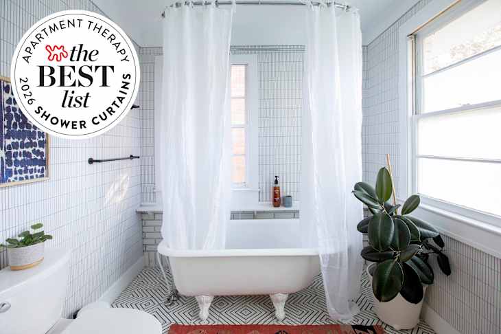 Shower curtain in bathroom with Best List seal on the left.