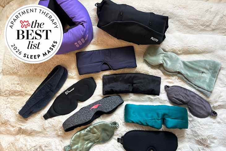 Various sleep masks laid out with best list seal to the left.