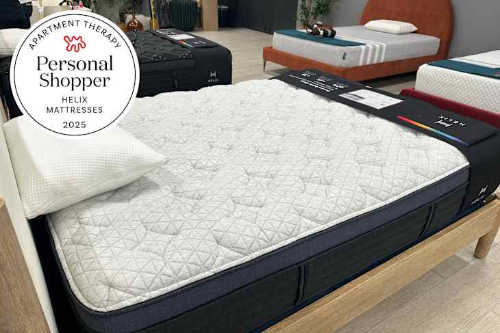 Helix Mattress in store with personal shopper seal in upper left