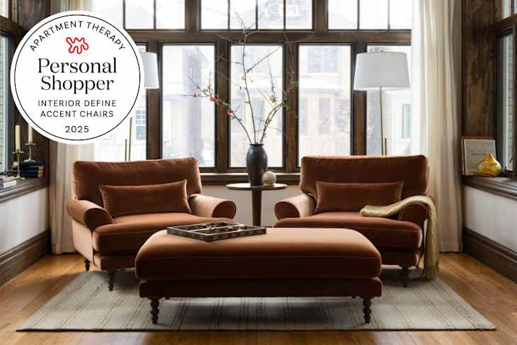 2 Interior Define Maxwell accent chairs in living room with seal in upper left that reads "apartment Therapy Personal Shopper: Interior Define Accent Chairs"