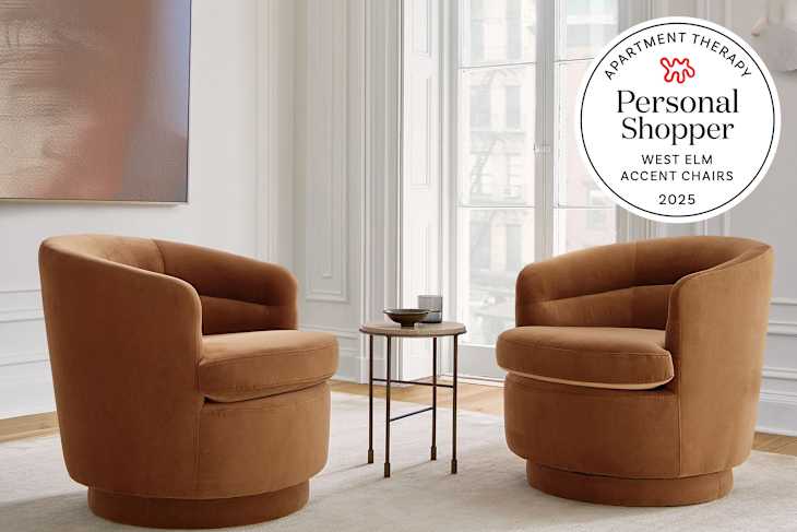 2 West Elm accent chairs with a personal shopper seal in the uppoer right corner