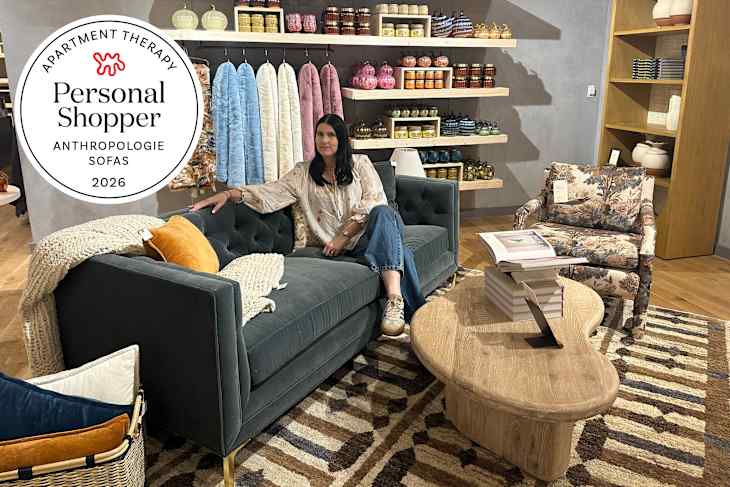 Danielle sitting on a sofa at the Anthropologie store and a personal shopper seal in the upper left