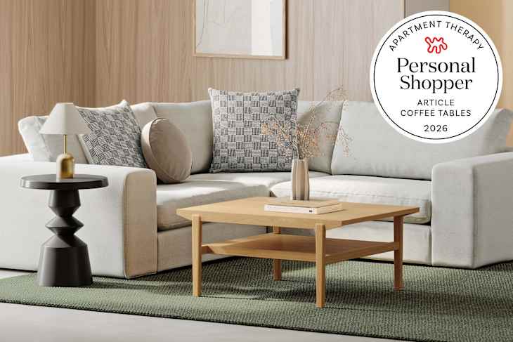 Living room with Article sofa and coffee table and personal shopper seal in upper right