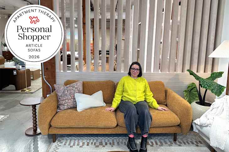 Alexa testing a sofa at the Article store with a personal shopper seal ih the upper left