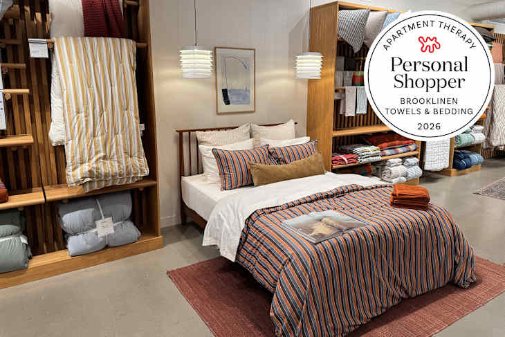 Brooklinen bedding on display at store with Personal Shopper tag on upper right corner.