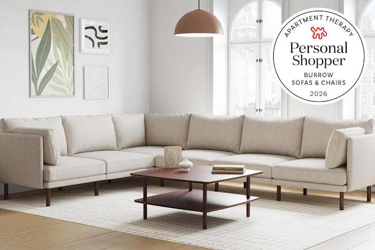 Burrow sectional sofa in living room with Personal Shopper seal in corner.
