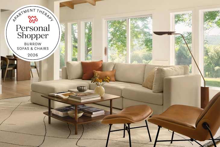 Burrow sectional and chair in living room with Personal Shopper seal in top left corner.