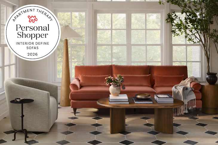 Interior Define Maxwell Sofa in living room with personal shopper seal in upper left