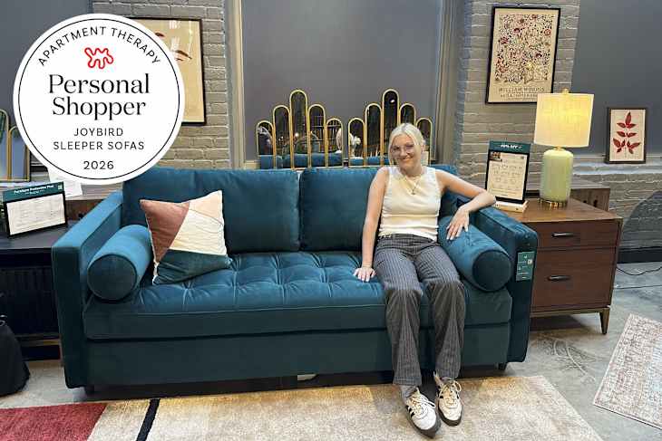 Emma Dangel sitting on Joybird's Briar Sleeper Sofa.