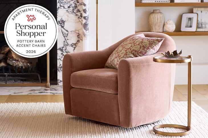 Pottery Barn accent chair in living room with personal shopper seal in upper left