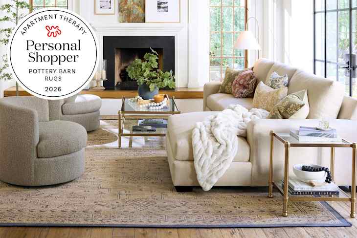 Living room with Pottery Barn Furniture and rug with Personal Shopper seal in upper left