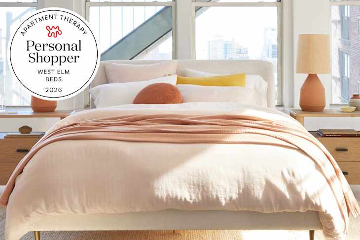 West Elm bed with personal shopper seal in upper left