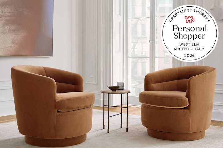 2 West Elm accent chairs in a sitting area and personal shopper seal in the upper right