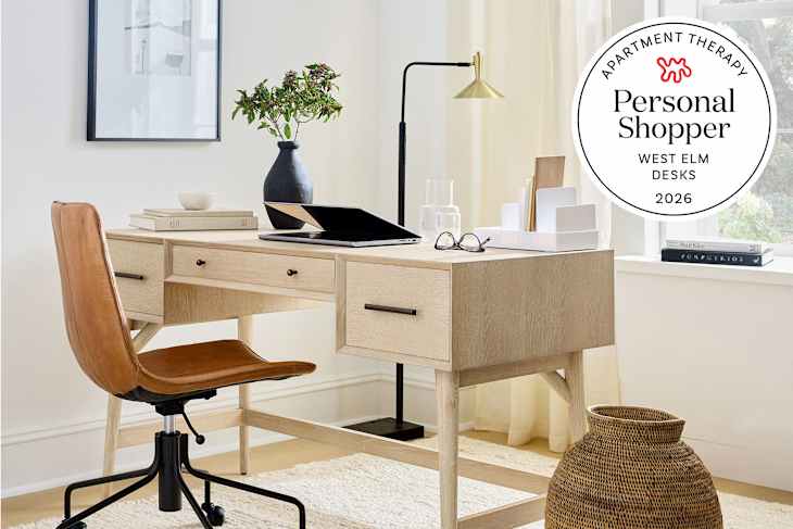 West Elm desk in office with personal shopper seal in upper right