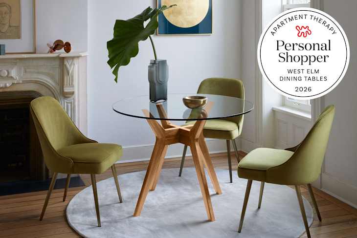 West Elm dining table and chairs with personal shopper seal in upper right