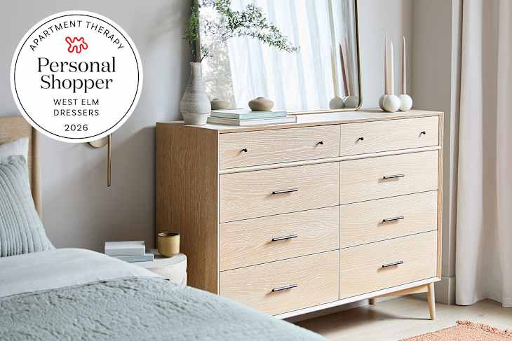 West Elm dresser in bedroom with personal shopper seal in upper left