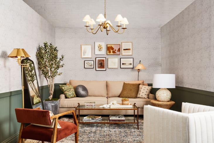 living room with muted tone colors, a mix of classic french pastoral style with some modern touches