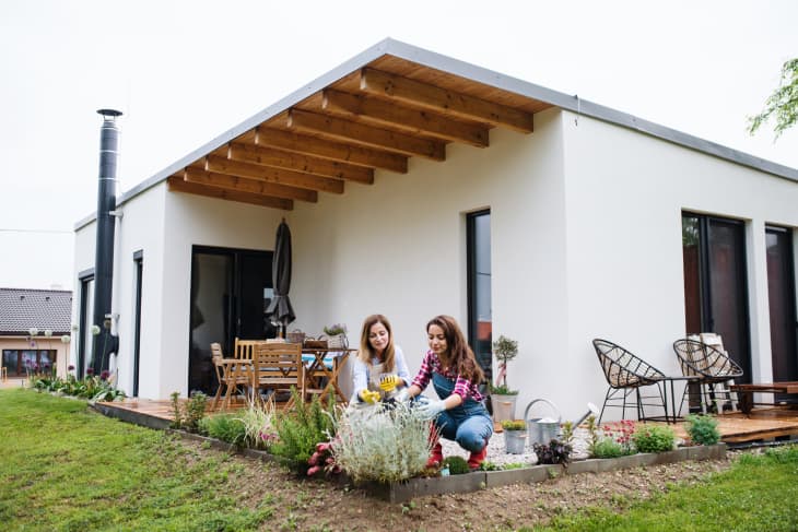 Front view portrait of mature mother with adult daughter outdoors at home, gardening.