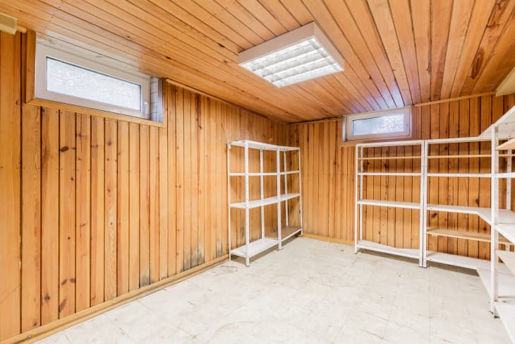 Basement with wood paneling.