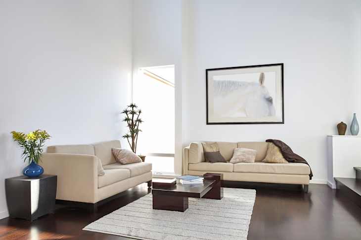 Modern design living room in luxury home with dark hardwood floors, and horse art print on the wall. Mill Valley, California, USA