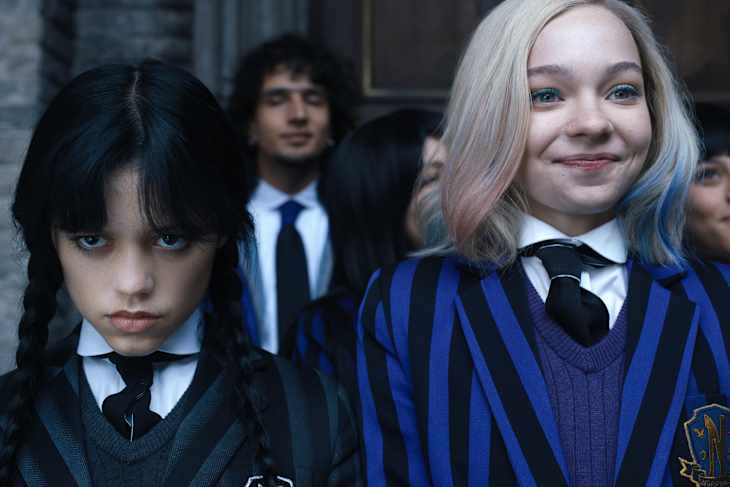 Wednesday. (L to R) Jenna Ortega as Wednesday Addams, Emma Myers as Enid Sinclair in episode 102 of Wednesday.
