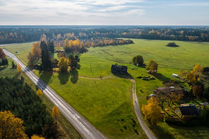 Aerial view of road in beautiful autumn forest at sunny day. Beautiful landscape with empty rural road, trees with green, red and orange leaves. Highway through the park. countryside.