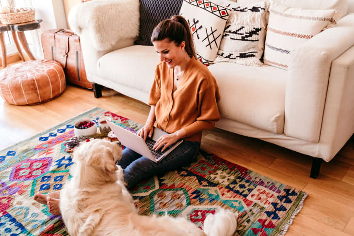 Woman sitting on living room floor with dog, working on laptop