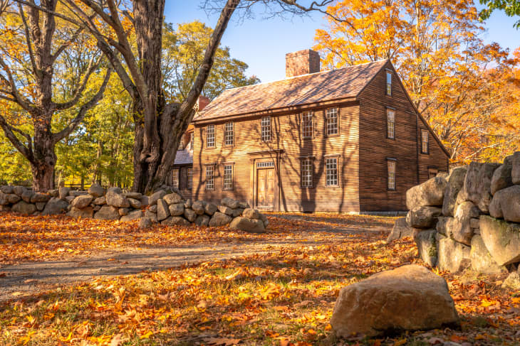A historic colonial structure in Concord, MA on an October day