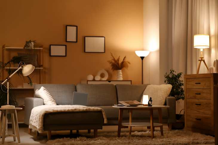 Glowing lamp, comfortable sofa, coffee table and laptop in stylish living room