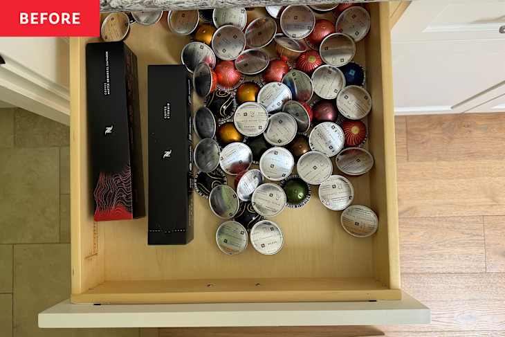 Nespresso pods in kitchen drawer.