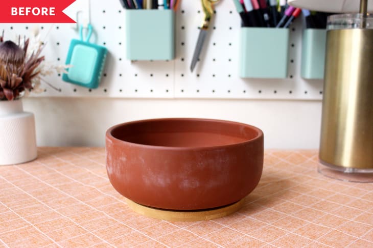 before: A wide, shallow, terrcotta planter on a table
