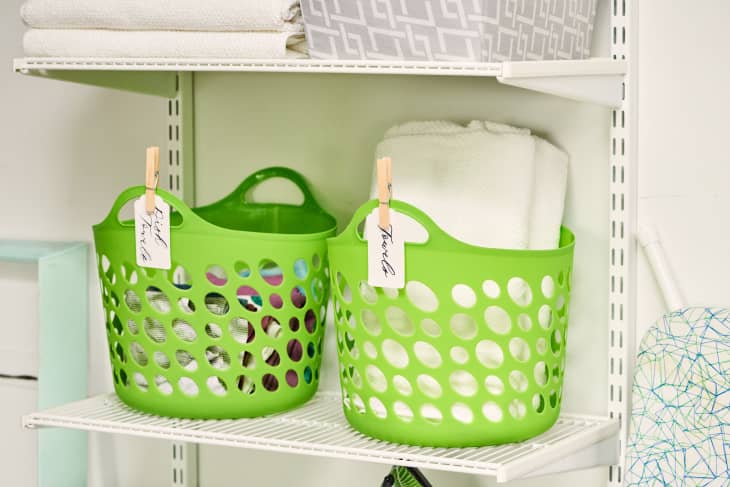 Fridge organization-Baskets with handles from dollar store are