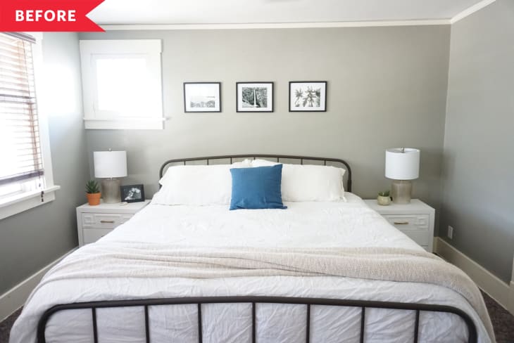 Before: Gray bedroom with iron bed