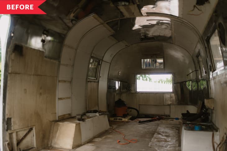 Before: interior of run-down airstream trailer