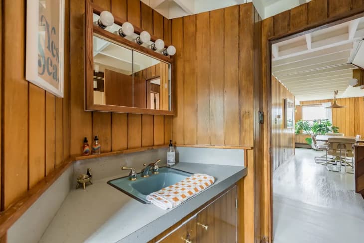 Wood-paneled bathroom