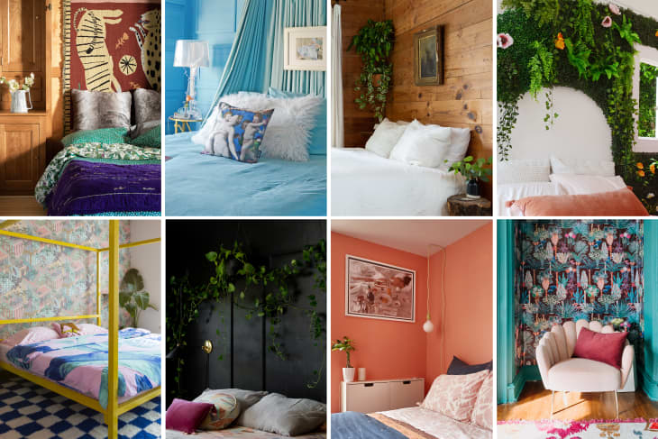 Collage of eight bedrooms with diverse decor: vibrant colors, plants, patterned wallpapers, and unique furniture styles.