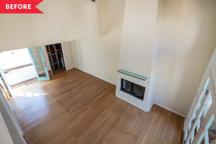 Before: Empty living room with white walls, wood floors, and tall fireplace