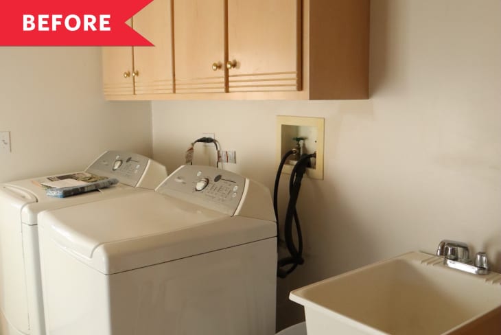 Laundry room with washer, dryer, wooden cabinets, and utility sink. Red "Before" label in the corner.