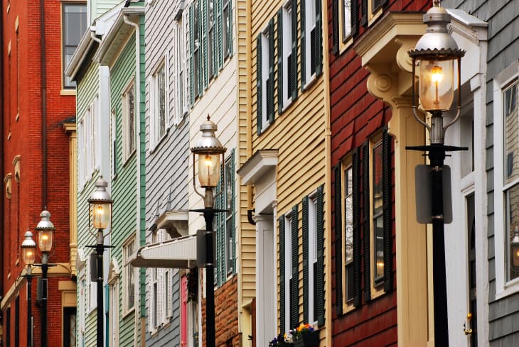 A row of colonial homes graces an historic neighborhood in Charlestown, MA