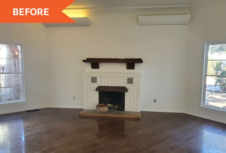 Empty living room with white brick fireplace, wooden mantel, and hardwood floors, labeled "Before" in orange.
