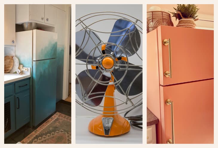 3 after photos of home appliances that have been painted: 1. a fridge that's been painted teal, 2. a small fan that's been painted orange, 3. a fridge that been painted peach and gold pulls have been added