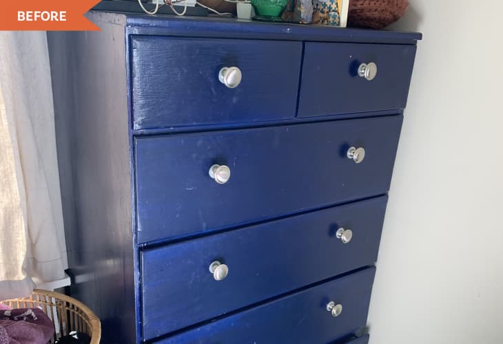 Before: Blue dresser with silver knobs