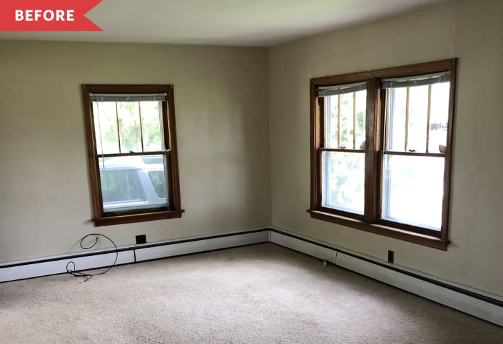 Before: dark living room with beige carpets and beige walls