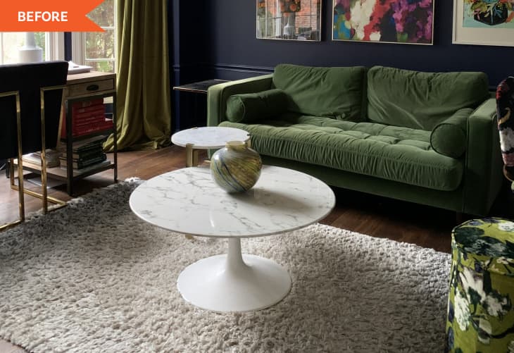 Before: Office with navy blue walls, green sofa, white marble coffee table, and white rug. A gallery wall hangs above the sofa.